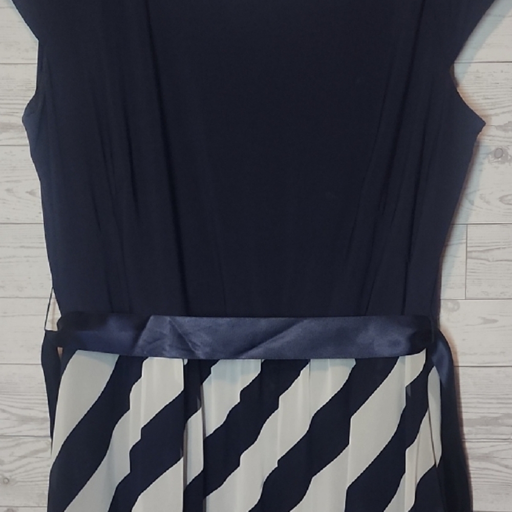 SLNY Navy and Cream Striped Midi Dress